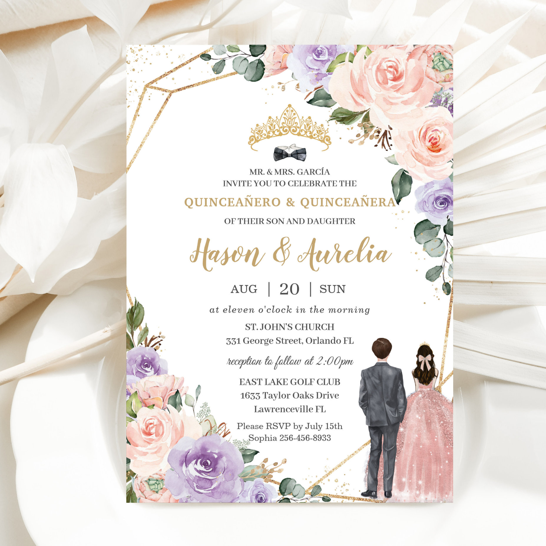 Quincea?era Lilac Blush Floral Twins Boy Girl Invitation
