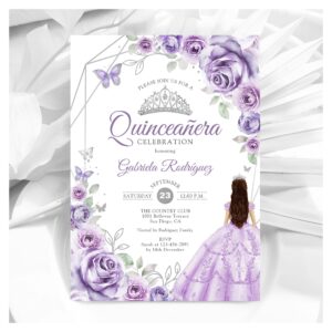 Quinceanera Lilac Purple Silver Dress Floral Invitation