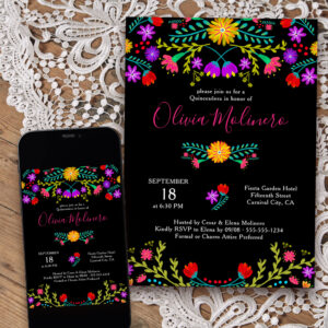 Quinceanera Mexican Fiesta Colorful Floral Black Invitation