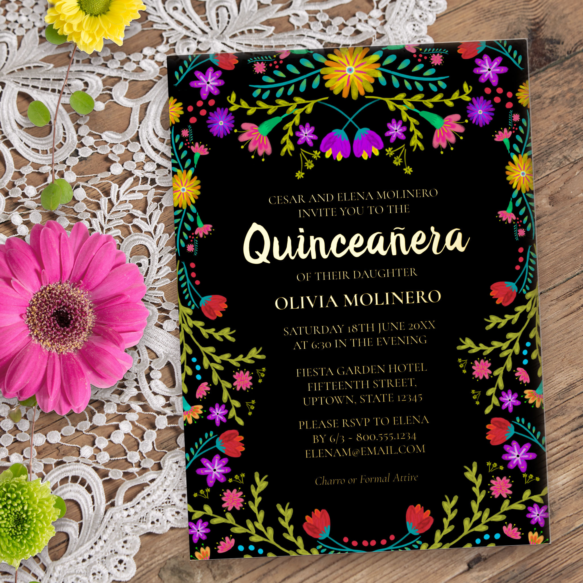 Quinceanera Mexican Fiesta Floral Real Gold Foil Invitation