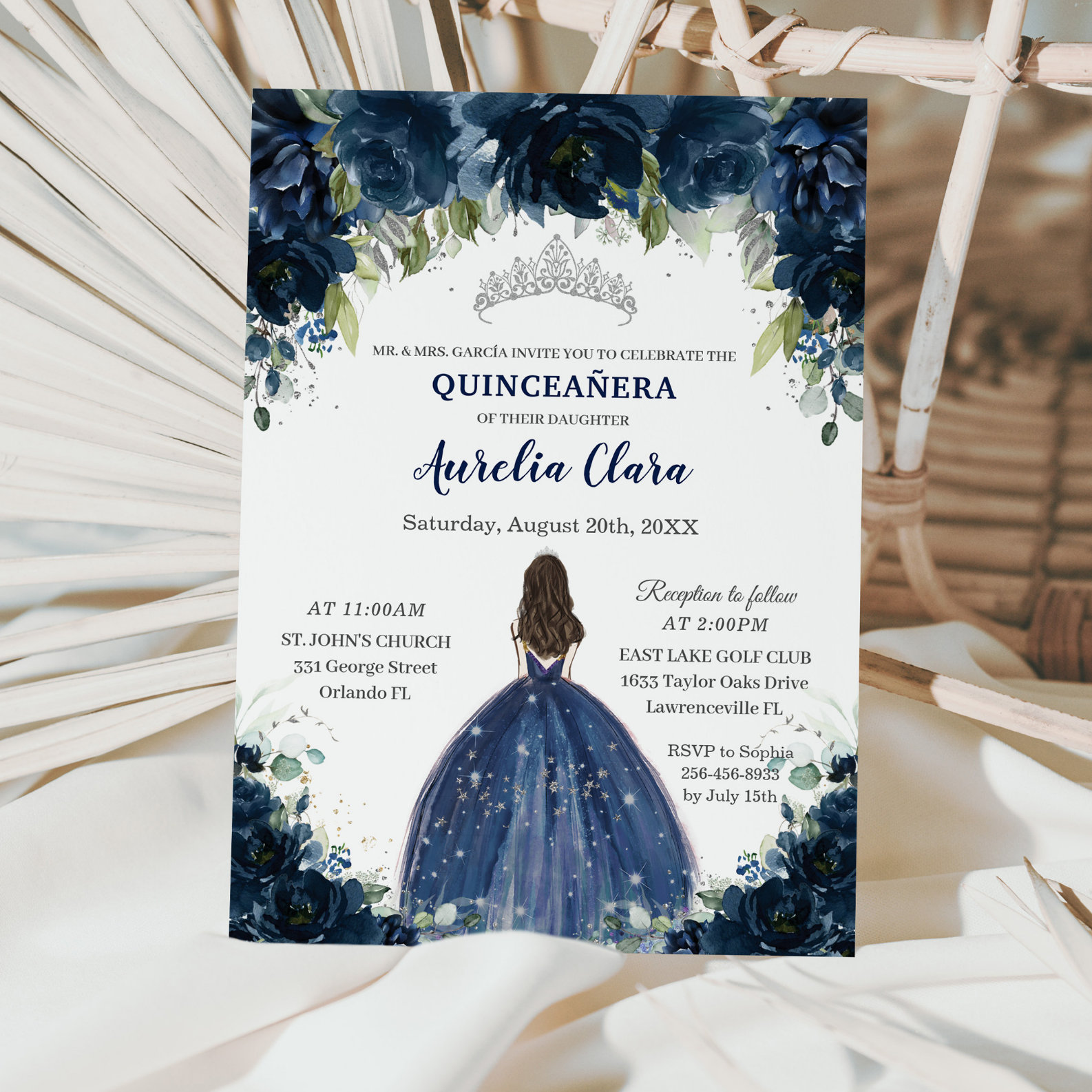 Quincea?era Navy Blue Floral Silver Princess Crown Invitation