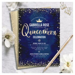 Quincea?era Navy Gold Glitter Foil Princess Crown Invitation