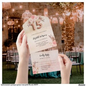 Quinceanera pampas grass rose pink florals RSVP All In One Invitation