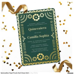 Quincea?era Papel Picado Dark Green Gold Foil Invitation