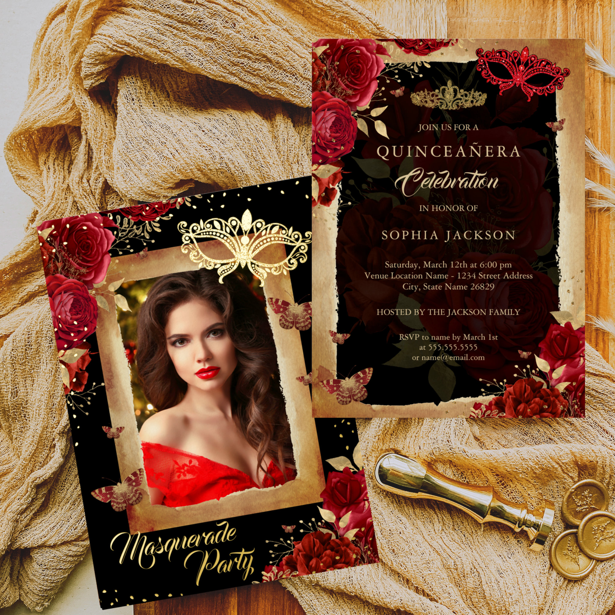 Quinceanera Photo Masquerade Party Red Rose Gold Foil Invitation