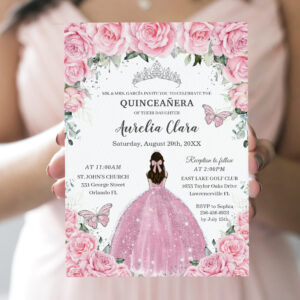Quincea?era Pink Floral Butterflies Silver Tiara Invitation