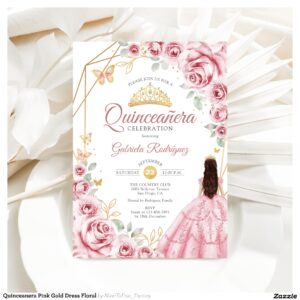 Quinceanera Pink Gold Dress Floral Invitation