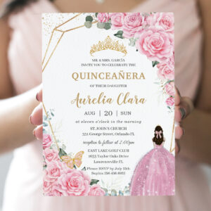 Quincea?era Pink Roses Floral Gold Princess Crown Invitation