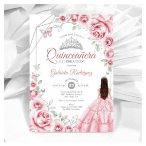 Quinceanera Pink Silver Dress Floral Invitation
