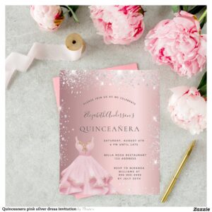 Quinceanera pink silver dress invitation