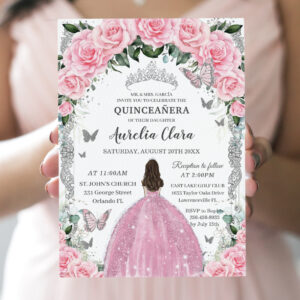 Quincea?era Princess Pink Floral Vintage Silver Invitation