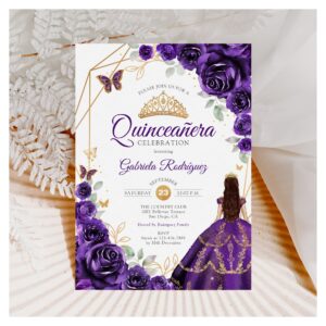 Quinceanera Purple Floral Dress Gold Invitation