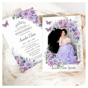 Quincea?era Purple Floral Roses Butterflies Photo Invitation