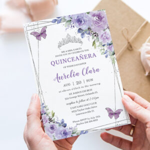 Quincea?era Purple Lilac Floral Butterflies Silver Invitation