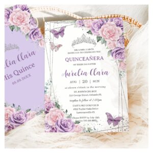 Quincea?era Purple Lilac Pink Floral Butterflies Invitation