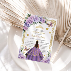 Quincea?era Purple Lilac Rose Floral Gold Princess Invitation