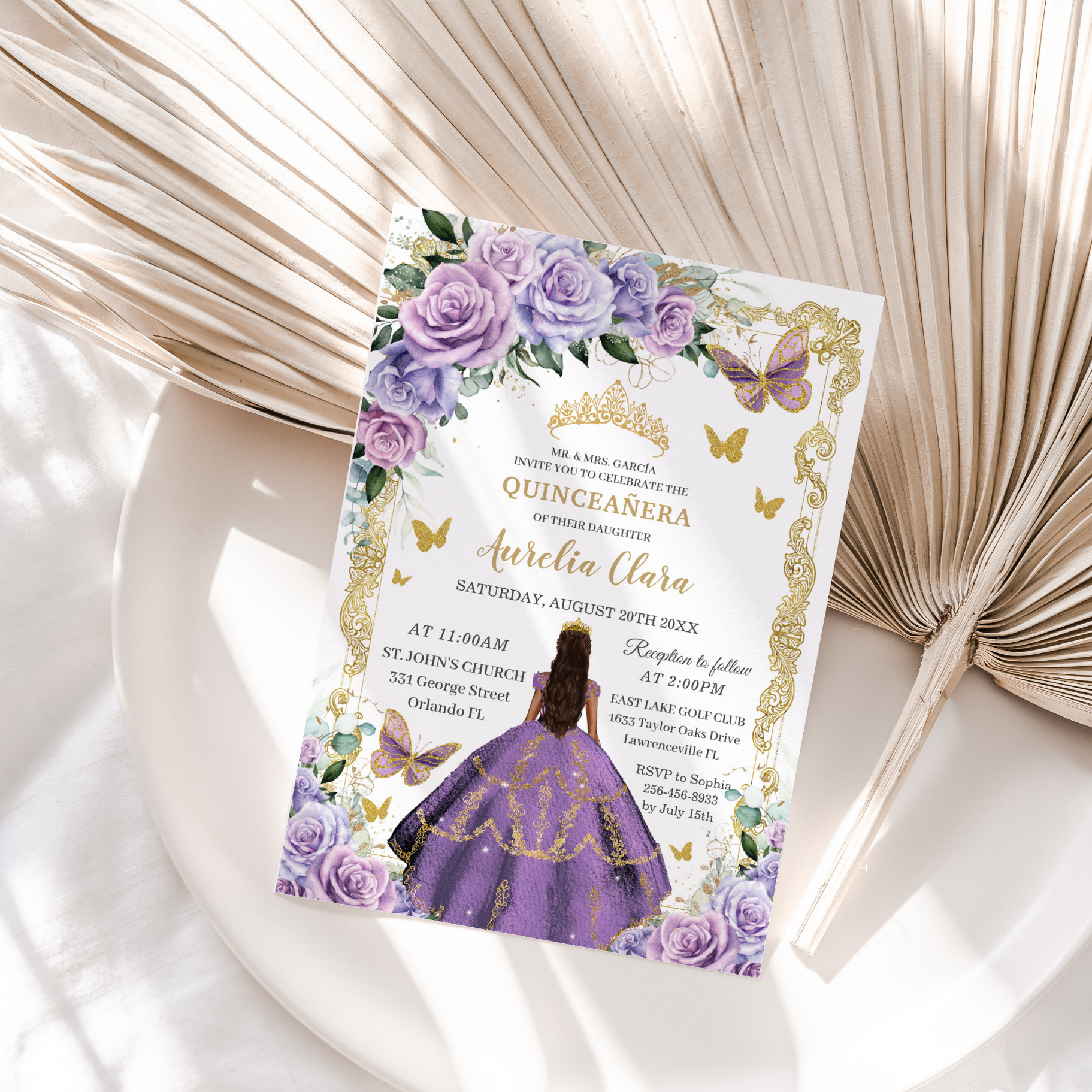 Quincea?era Purple Lilac Rose Floral Gold Princess Invitation