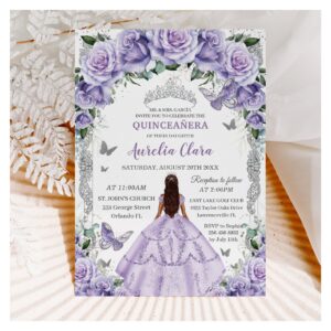 Quincea?era Purple Roses Floral Silver Princess Invitation