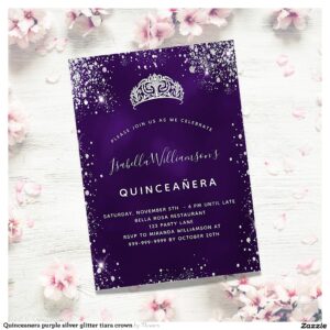 Quinceanera purple silver glitter tiara crown invitation