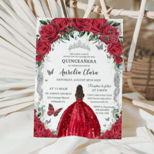 Quincea?era Red Dress Roses Floral Vintage Silver Invitation