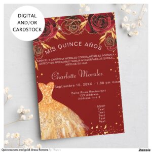 Quinceanera red gold dress flowers invitation