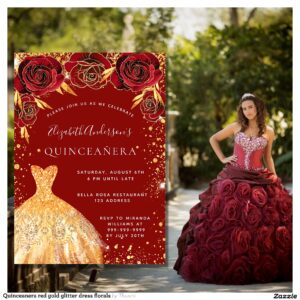 Quinceanera red gold glitter dress florals invitation