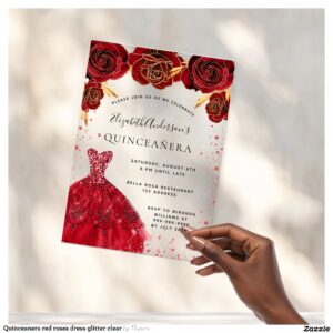 Quinceanera red roses dress glitter clear acrylic invitations