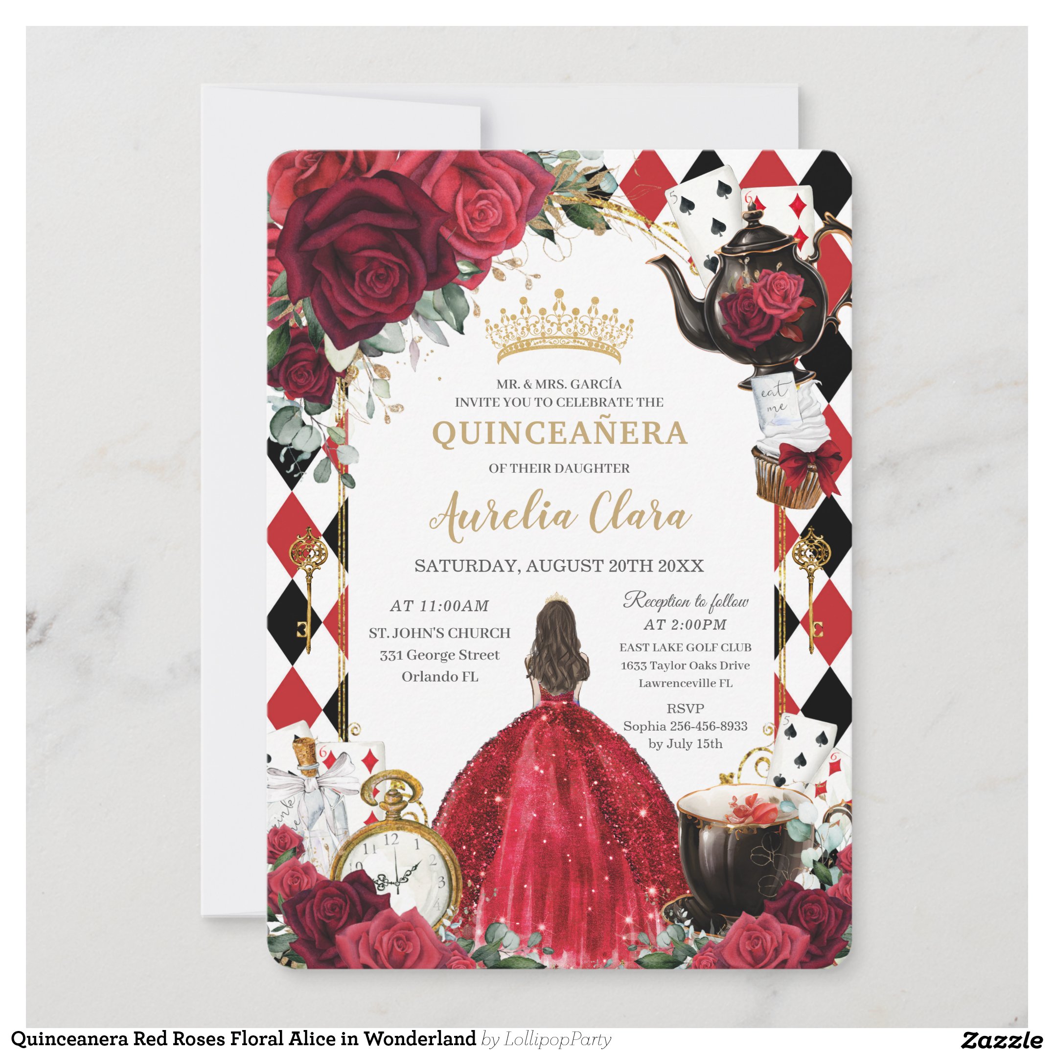Quinceanera Red Roses Floral Alice in Wonderland Invitation