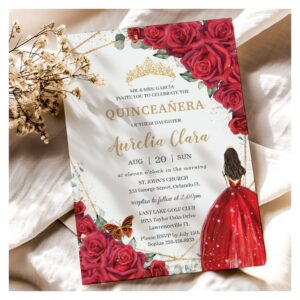 Quincea?era Red Roses Floral Gold Princess Crown Invitation