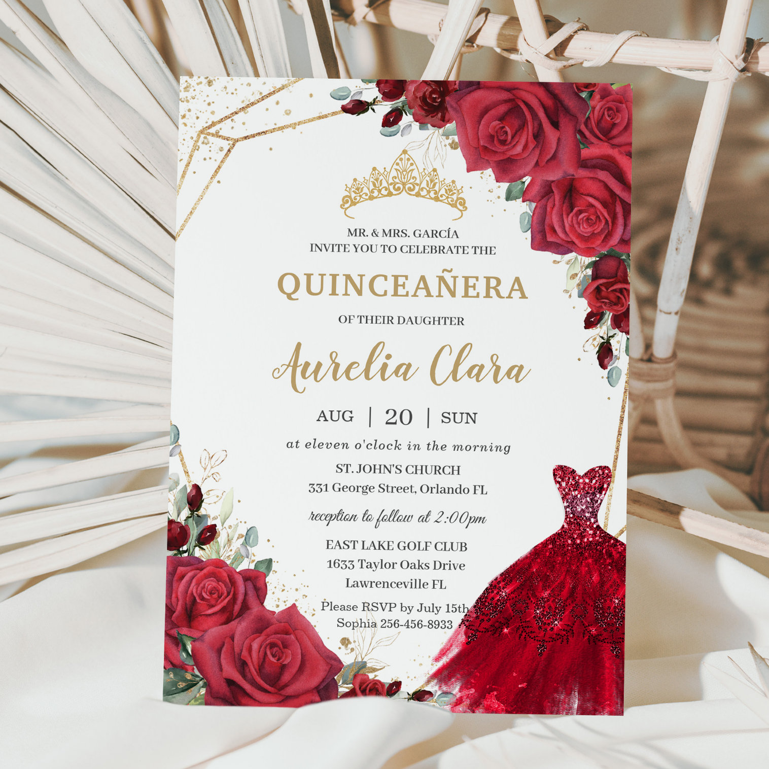 Quincea?era Red Roses Floral Gold Princess Dress Invitation