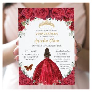 Quincea?era Red Roses Floral Princess Gown Gold Invitation