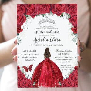 Quincea?era Red Roses Floral Princess Gown Silver Invitation