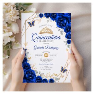 Quinceanera Royal Blue Gold Floral Invitation