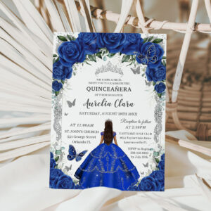 Quincea?era Royal Blue Roses Floral Vintage Silver Invitation