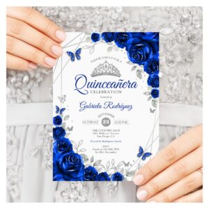 Quinceanera Royal Blue Silver Floral Invitation