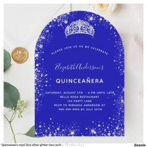 Quinceanera royal blue silver glitter tiara arch invitation