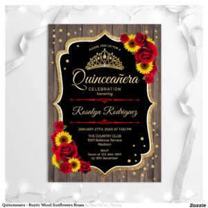 Quinceanera - Rustic Wood Sunflowers Roses Invitation