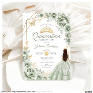 Quinceanera Sage Green Dress Floral Gold Invitation