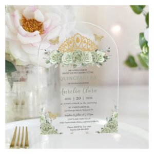 Quincea?era Sage Green Floral Gold Crown Butterfly Acrylic Invitations