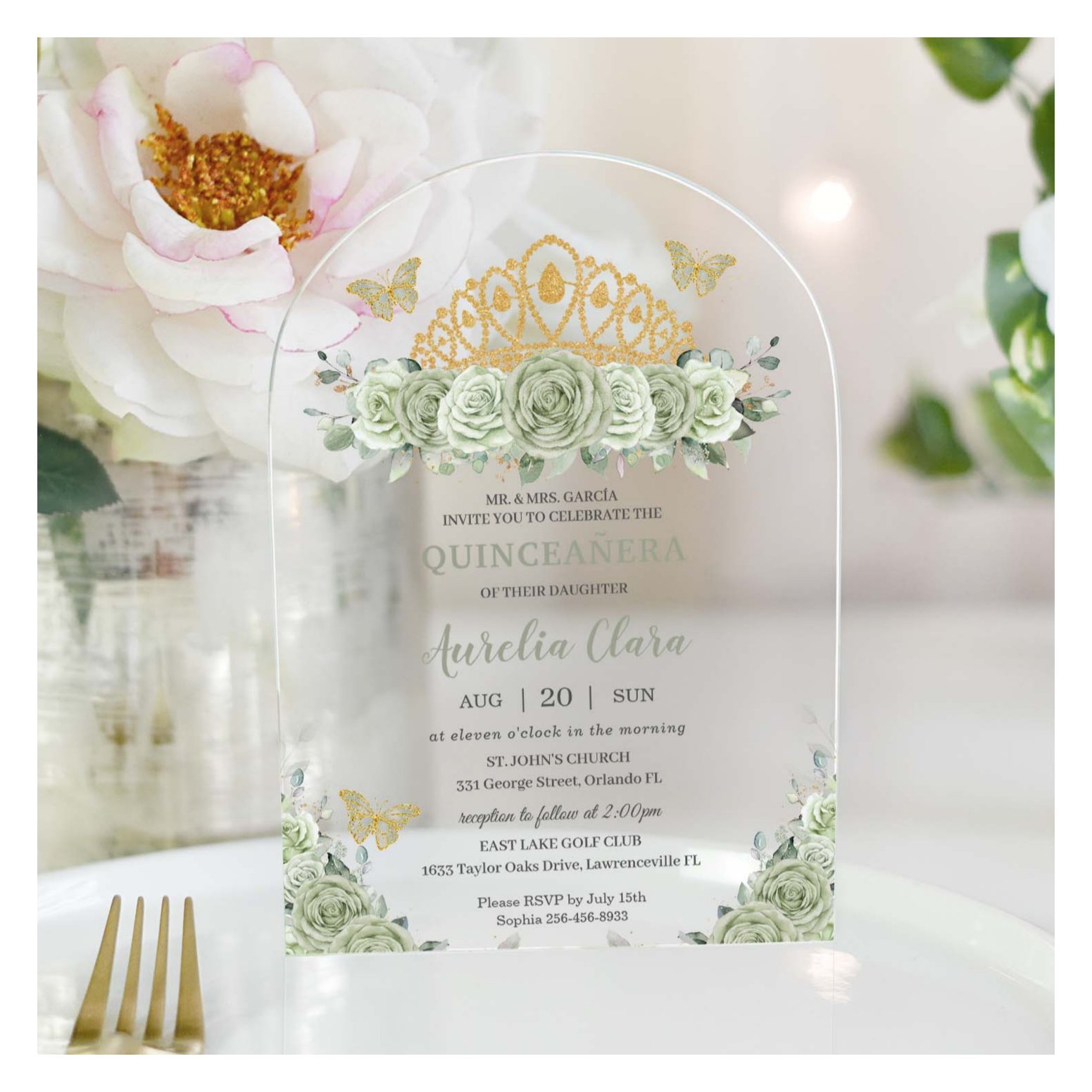 Quincea?era Sage Green Floral Gold Crown Butterfly Acrylic Invitations
