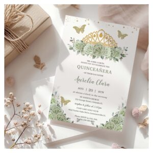 Quinceanera Sage Green Floral Gold Crown Butterfly Invitation