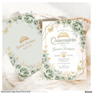 Quinceanera Sage Green Floral Gold Invitation