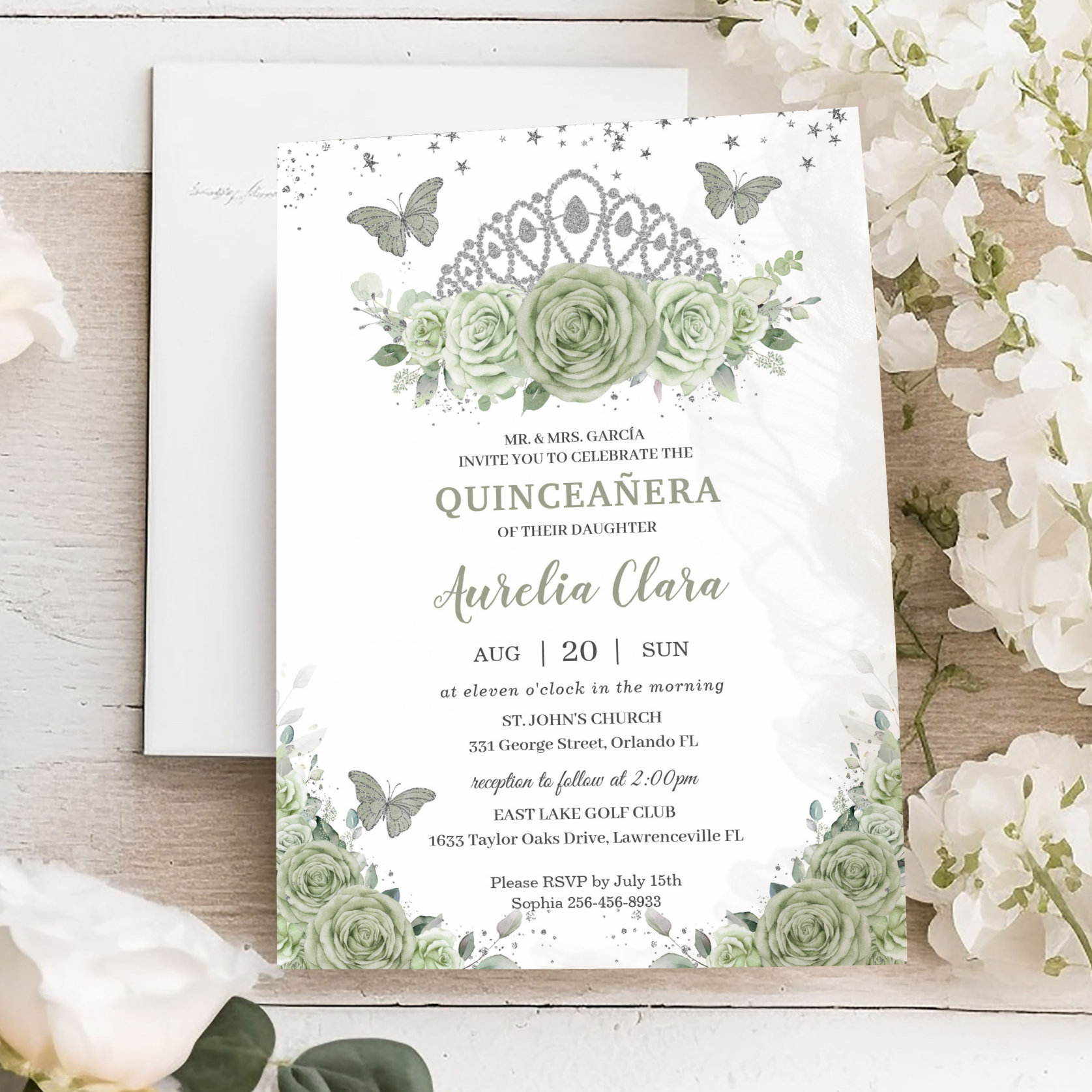 Quincea?era Sage Green Floral Roses Silver Crown Invitation