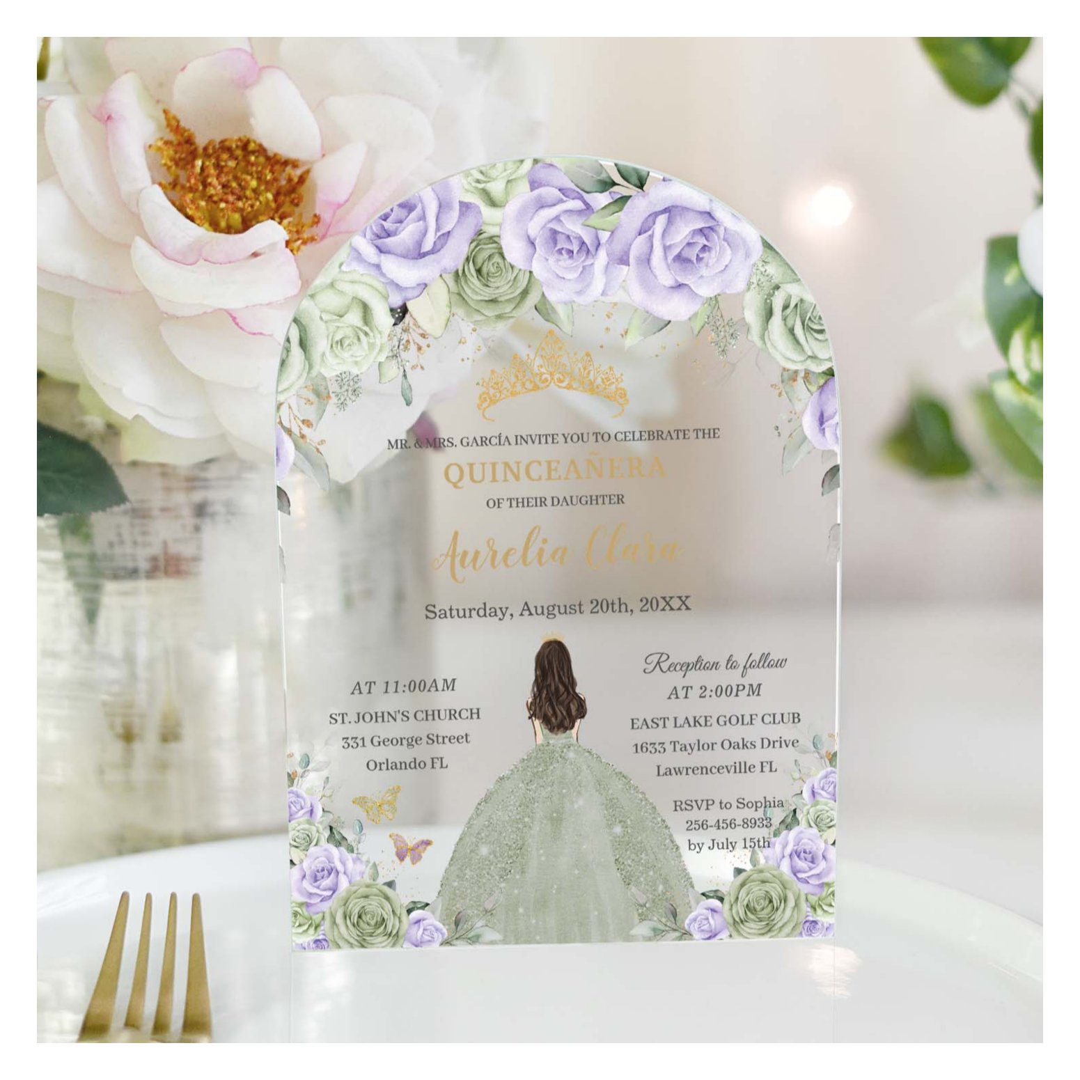 Quincea?era Sage Green Purple Lilac Floral Arch Acrylic Invitations