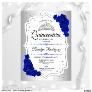 Quinceanera - Silver White Royal Blue Invitation