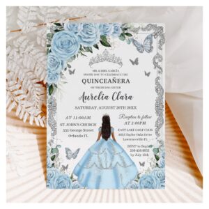 Quincea?era Sky Blue Floral Dress Princess Silver Invitation