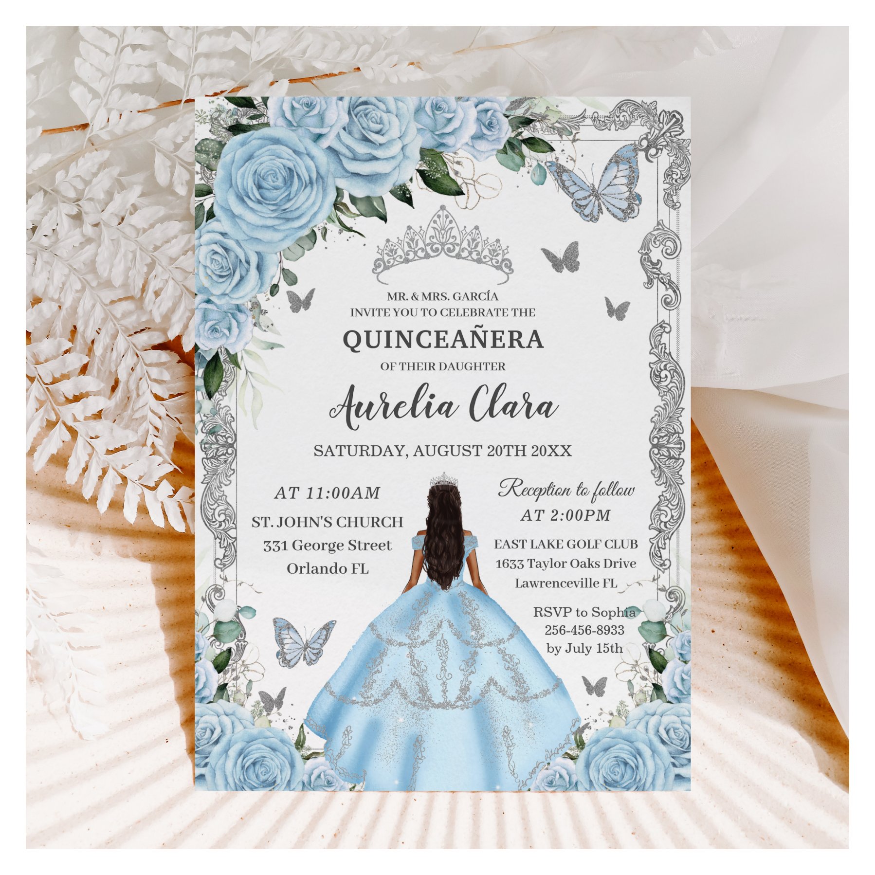 Quincea?era Sky Blue Floral Dress Princess Silver Invitation