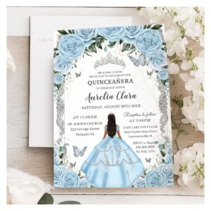 Quincea?era Sky Blue Floral Gown Princess Silver Invitation