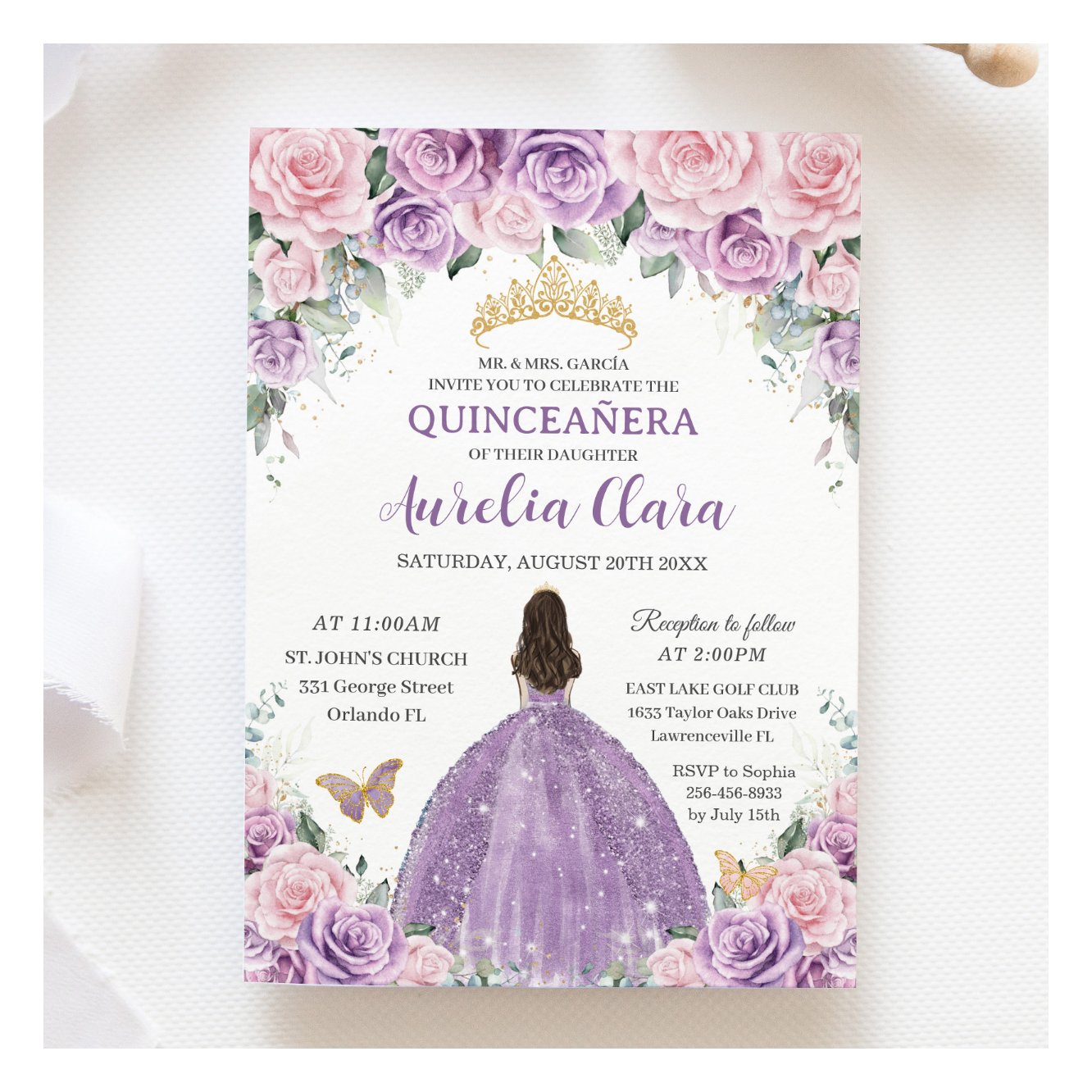 Quincea?era Soft Purple Lilac Pink Floral Princess Invitation
