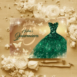 Quinceanera Sparkle Gold Emerald Dress Invitation